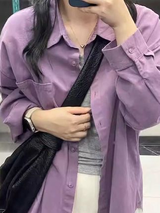 韩系风格穿搭紫色纯棉长袖衬衫女春秋设计感宽松休闲气质衬衣外套#夏季穿搭 #今日穿搭 #高级感穿搭 #简约大气 #黄色短袖t恤女款