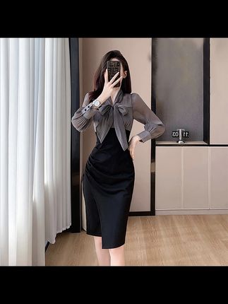女装法式时尚气质修身连衣裙褶皱显瘦包臀裙蝴蝶结裙子A8110#好身材好气质 #职场穿搭 #女人味穿搭 #御姐风