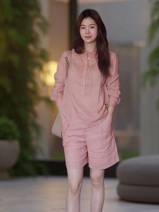韩系温柔橘粉色衬衫棉麻套装,衬衣短裤一整套#高级感穿搭 #优雅气质 #时髦穿搭 #韩系温柔穿搭 #洋气减龄