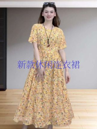 九儿夏季新款上新圆领黄色印花休闲显瘦抽绳收腰气质连衣裙9002,#夏季新款#休闲#显瘦#气质#洋气