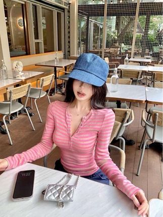 撞色条纹长袖T恤女秋季新款修身收腰内搭打底纯欲辣妹半开领上衣#衬衣#打底衫#长袖#长袖t恤 #条纹衫