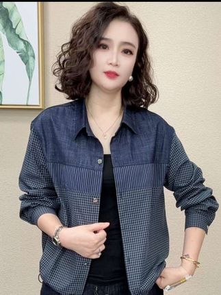 秋季新款#洋气时尚休闲百搭宽松牛仔条纹拼接长袖衬#时尚气质百搭