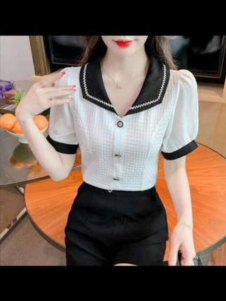 #娃娃领短袖 #雪纺衬衫#小香风上衣