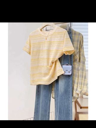 美式正肩圆领短袖显瘦T恤女夏季新款百搭时尚多巴胺条纹小众上衣#直男脱单攻略入口 #快来冲浪吧小程序 #机智的一笔小程序 #@热门小助手