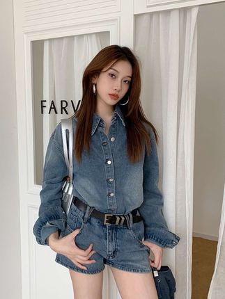 新款2025美式复古牛仔宽松长袖外套洗水高腰短裤 #辣妹穿搭 #小个子穿搭 #女神穿搭 #气质范 #通勤搭配