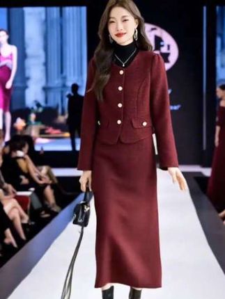 #套装裙 #小香风名媛气质套装裙女2025秋季新款高级感红色包臀半身裙两件套