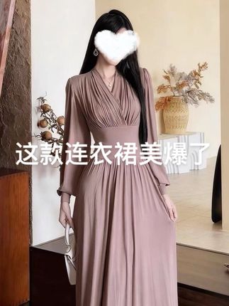 新款时尚名媛气质法式长袖连衣裙V领高腰女秋装收腰#显瘦的#新款时尚#气质长袖#连衣裙#v领