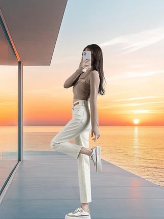 烟管裤秋季新款杏色百搭修身高腰显瘦弹力浅色窄版小直筒女牛仔裤#面料柔软舒适