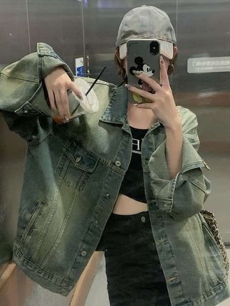 水洗复古美式牛仔外套女高街潮牌宽松情侣休闲宽松百搭上衣-8659#今日穿搭 #女装 #分享 #外套穿搭 #休闲风