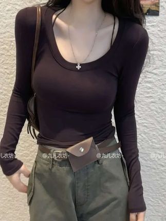 2025新款秋季U领长袖打底衫纯欲辣妹收腰百搭纯色上衣女#新品穿搭 #甜美穿搭 #减龄气质 #上衣穿搭 #百搭上衣