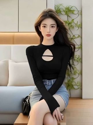 辣妹性感镂空长袖T恤女春季新款修身显瘦短款纯欲风长袖打底上衣