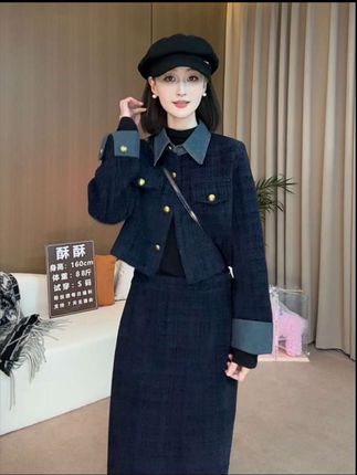 #拼接小香风套装#秋冬季半身裙两件套…