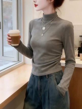 秋季加绒加厚半高领百搭打底衫内搭修身显瘦短款保暖T恤上衣# 8829#百搭打底衫 #长袖t恤 #显瘦穿搭 #百搭上衣 #穿出高级感