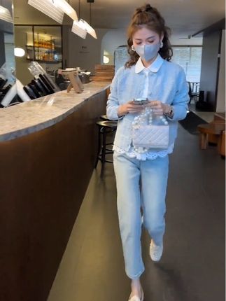 早春一整套女装2025新款韩版温柔毛衣蕾丝百搭开衫直筒长裤三件套