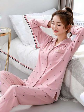 春秋季棉睡衣女 纯色长袖甜美宽松大码 薄款秋冬外穿家居服套装#家居服 #家居服睡衣