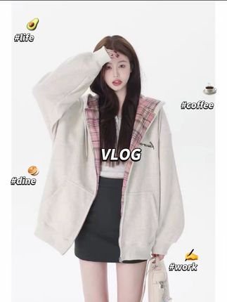 CKKOR秋冬美式格子慵懒风拉链外套女遮屁股卫衣加厚连帽衫上衣女#每日推荐 #今日分享 #穿搭分享 #高级穿搭 #每日更新