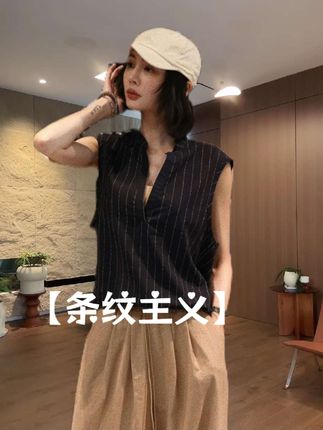 M.SHANGMEI.Z/沐熙【条纹主义】美大哥气质宽松竖纹上衣X0773811 微胖的女人穿了显瘦不显副乳放心穿#高级感穿搭 #马甲背心 #每日分享 新款上新