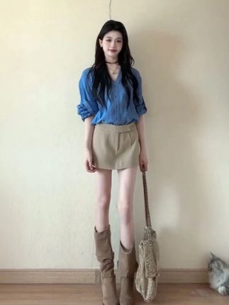 韩系ins穿搭翻领格纹短袖衬衫女夏季高腰显瘦拼接a字半身裙套装#自带松弛感的慵懒风穿搭 #夏日中性风穿搭日记 #Jump出我的夏日元气穿搭 #给夏天一点颜色看看 #轻松get夏日淡人穿搭