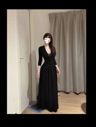 【墨缕蕾丝】新款显瘦遮肉收腰大裙摆V领长袖袖连衣裙3393##长裙 #显瘦遮肉 #女装 #高个子穿搭 #连衣裙