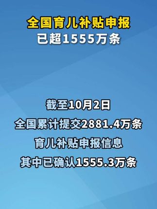 全国育儿补贴申报已超1555万条 #育儿补贴
