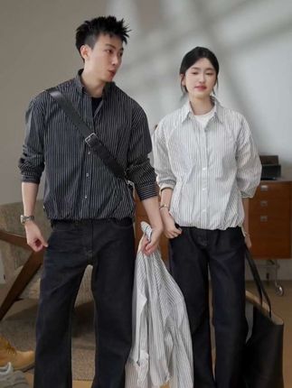 YIHAO STUDIO秋季男款假两件条纹衬衫高级休闲宽松翻领长袖衬衣#衬衫 #衬衣 #假两件衬衫 #条纹衬衫