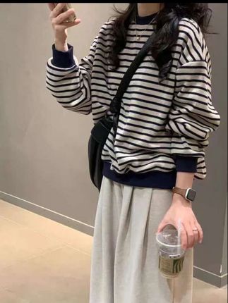 复古港味条纹卫衣女秋冬季加绒加厚2025新款爆款宽松慵懒风外套潮