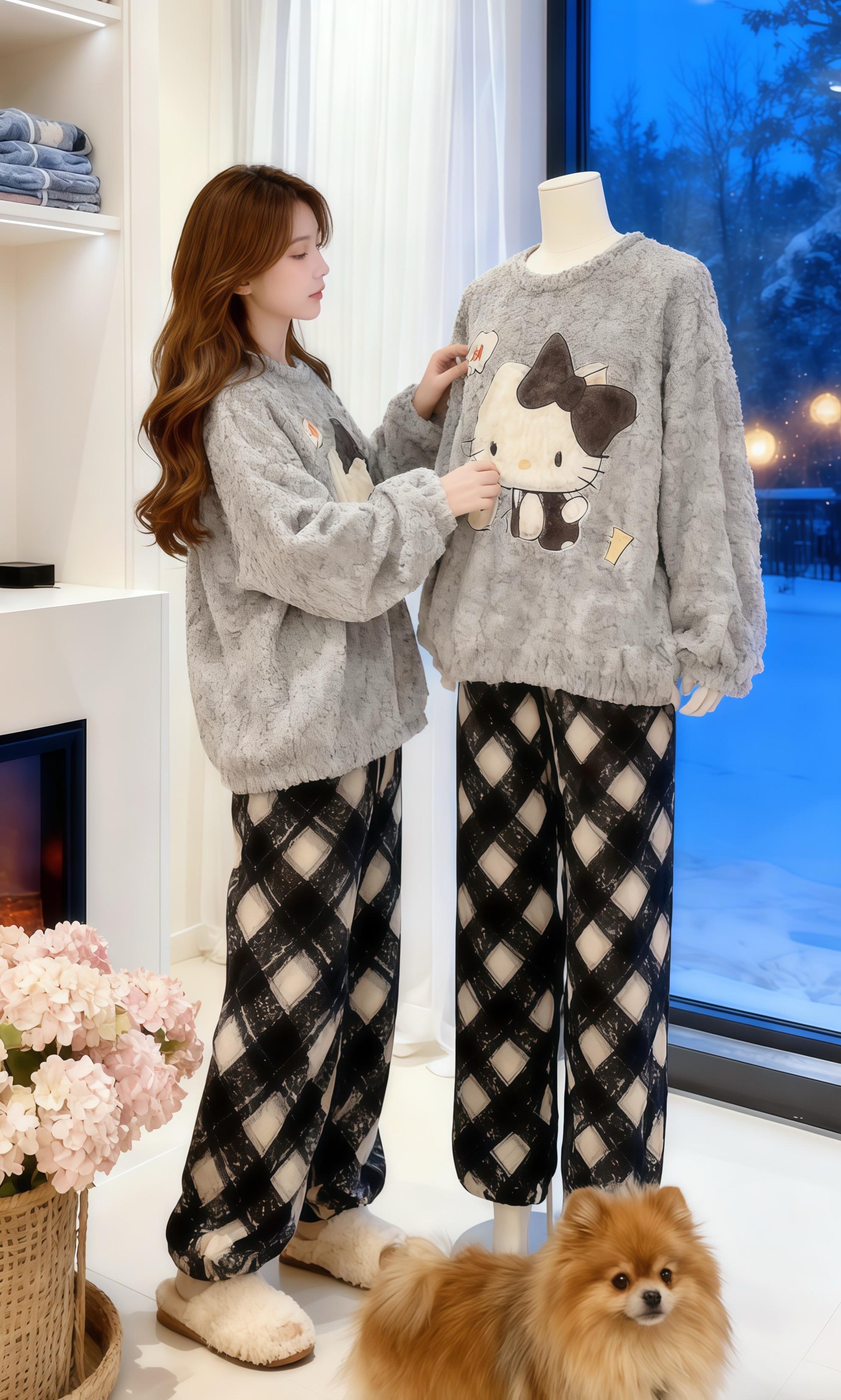 Kitty 家居服让我雪天宅家也能美到冒。雪在窗外簌簌落的时候,她抱着电脑窝在沙发里。灰扑扑的 Kitty 上衣像团软乎乎的云,连带着怀里的小熊都透着甜;格纹裤把暖意裹得紧紧的,脚边的白袜子像刚出锅的棉花糖。窗外是冰封的蓝,屋里是唱片转着圈的暖,还有一身把“可爱”和“舒服”焊死的家居服——原来冬天最治愈的,就是穿着喜欢的家居服!,把自己泡在暖绒绒的小世界里,任键盘声和落雪声一起晃。#宅家幸福感是家居服给的 #普通人的秋冬硬核穿搭 #双11不会买错的运动好物清单 #宅家睡衣秀 #慵懒风穿搭