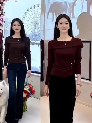 保暖气质一字肩长袖T恤女装秋季微胖显瘦设计感别致修身上衣#早秋黑白灰穿搭测评#冬日穿搭测评#解锁秋季一周色彩灵感穿搭##时尚气质穿搭 #优雅气质