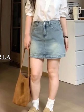 复古高腰牛仔短裙女夏季新款大码遮肚子显瘦梨形身材a字半身裙子#穿搭分享 #辣妹穿搭 #ootd穿搭 #短裙#牛仔短裙