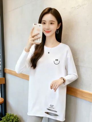 秋冬遮屁股加绒中长款长袖t恤圆领上衣白色打底衫女卫衣内搭#百搭卫衣 #简约白上衣 #百搭上衣 #上衣穿搭 #t恤