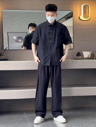 新中式飞机扣短袖衬衫垂坠感西裤 夏天男士两件套 订婚男生大码衣服 #男士穿搭 #夏季穿搭 #新中式穿搭 #潮流穿搭 #国风古韵