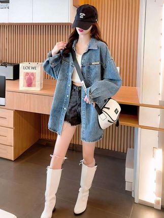 #春秋牛仔外套女#中长款2025新款韩版洋气百搭牛仔外套#慵懒风宽松上衣#时尚气质穿搭 #牛仔穿搭