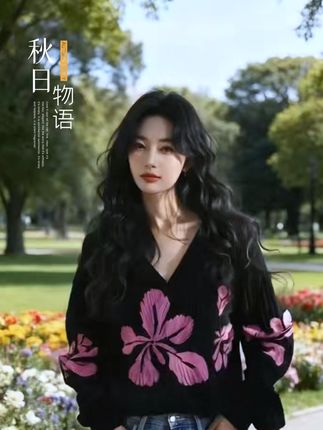 韩系v领印花宽松针织衫上衣 #针织衫 #春秋穿搭 #时尚洋气#优雅气质 #初秋一周不重样穿搭
