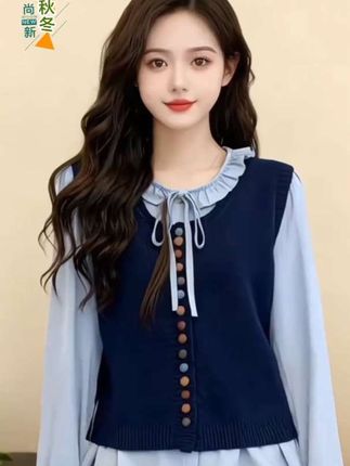 甜美两件套装花边系带圆领长袖衬衫女彩扣针织马甲春新款叠穿上衣#每日分享 #我要上热们