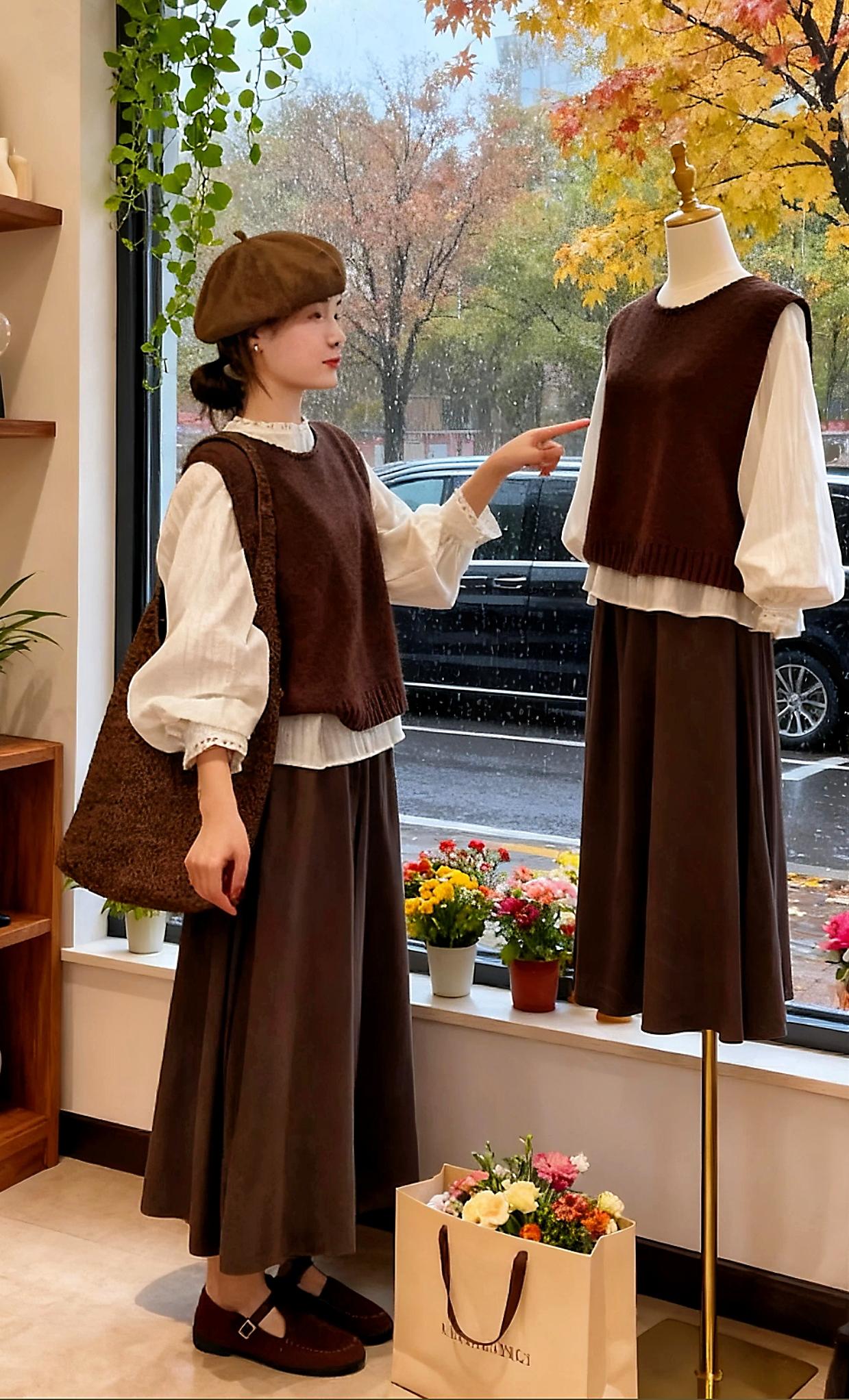 深秋午后,“拾光”服装店内暖意融融。阿雅静立橱窗旁,指尖轻触玻璃,望着模特身上那套与自己同款的棕白搭配,眼里满是偏爱。窗外,银杏叶热烈泛黄,车辆缓缓驶过,秋意顺着风丝溜进店里。  右侧木质置物架上,绿植舒展枝叶,相框里的旧照泛着柔光,左下角浅粉花束更添雅致。一阵风掠过橱窗,阿雅轻轻拢了拢衣领,唇角漾开浅笑。  这一身温柔的棕白穿搭,衬得她与满室秋意相融,成了店内最独特的风景,连时光都似在此刻悄然放缓。 #早秋穿搭显贵法则 #早秋各式各样的平价上衣分享 #巴黎时装周东方美才是真的美 #秋天外套怎么买不踩雷 #轻松摆脱路人感的韩系穿搭@抖加🔥上热门🔥dou+🔥热点宝