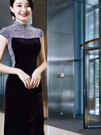 高级感丝绒修身中国风春夏旗袍长款鱼尾走秀婚宴妈妈高贵喜旗袍