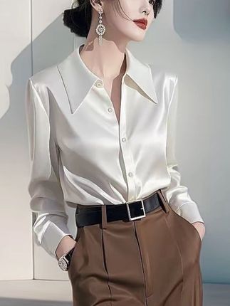 轻奢绝美黑色翻领缎面气质长袖衬衫女春秋款洋气通勤百搭职业衬衣#通勤搭配 #职场穿搭 #衬衫穿搭 #缎面气质衬衫 #衬衫