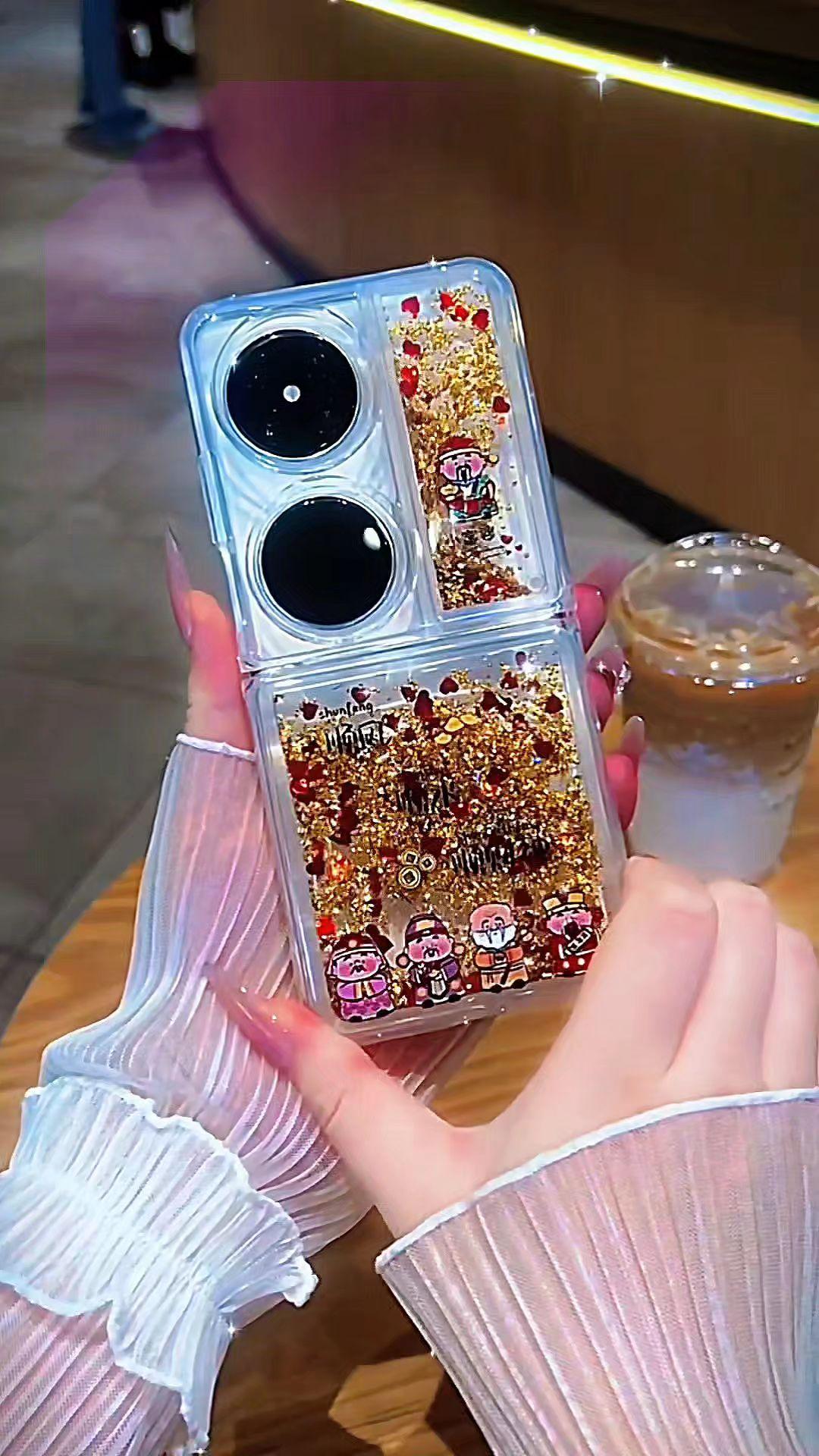 适用华为pocket2手机壳顺财神折叠流沙壳全包保护套#也太可爱了吧