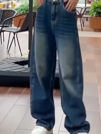 秋季新款大码时尚重工大口袋牛仔裤女梨型身材显瘦高腰宽松阔腿裤#早秋通勤出游穿搭一起拿捏 #早秋冷冽又随性的气质穿搭#早秋穿搭三分钟出门不是梦 #裤子推荐
