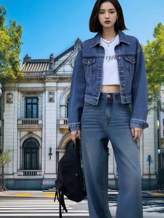 拉夏贝尔宽松阔腿牛仔弯刀裤女秋季2025新款高腰小个子直筒拖地裤#杜峰衣橱178 #酷女孩穿搭 #潮牌穿搭 #阔腿裤 #弯刀裤@DOU+小助手