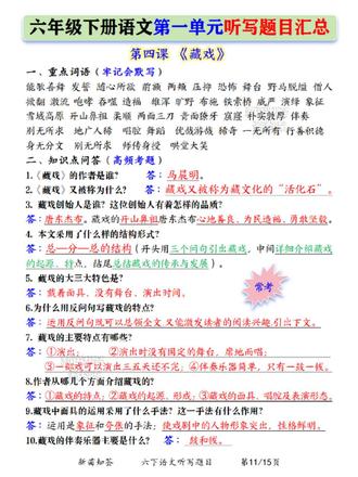 六下语文想基础稳提升?这份第一单元听写题目不要错过!每课都有重点词语默写积累+课内高频考点问答,从老舍的“京味儿”语言到藏戏三大特色,全覆盖考点,课前背一背理清思路,课后练一练巩固基础!#课内问答题 #六下语文#北京的春节 #腊八粥 #藏戏