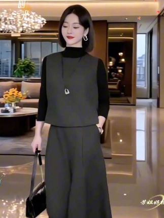 雅鹿时尚套装女2025秋季新款马甲长袖打底衫阔腿裤三件套 #高级穿搭#时尚气质穿搭#时尚三件套#高端大气#创作灵感