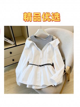 #高级感穿搭#洋气减龄 法式拼色假两件衬衫女设计感小众宽松慵懒风露肩上衣2025秋季新款#百搭#气质百搭@DOU+小助手 @抖音小助手