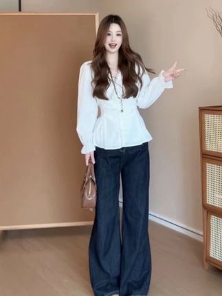 大码衬衫收腰显瘦长袖衬衫宽松版上衣女款遮肚子小衫#女装 #夏季穿搭 #衬衣穿搭 #穿搭分享 #吊带