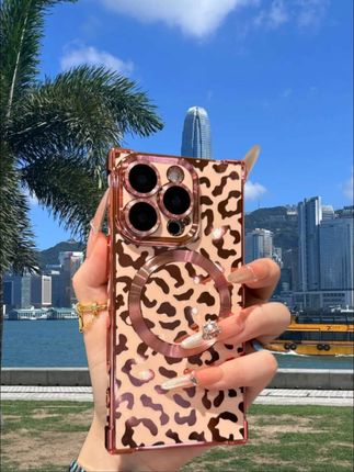 豹纹磁吸电镀直角手机壳适用苹果