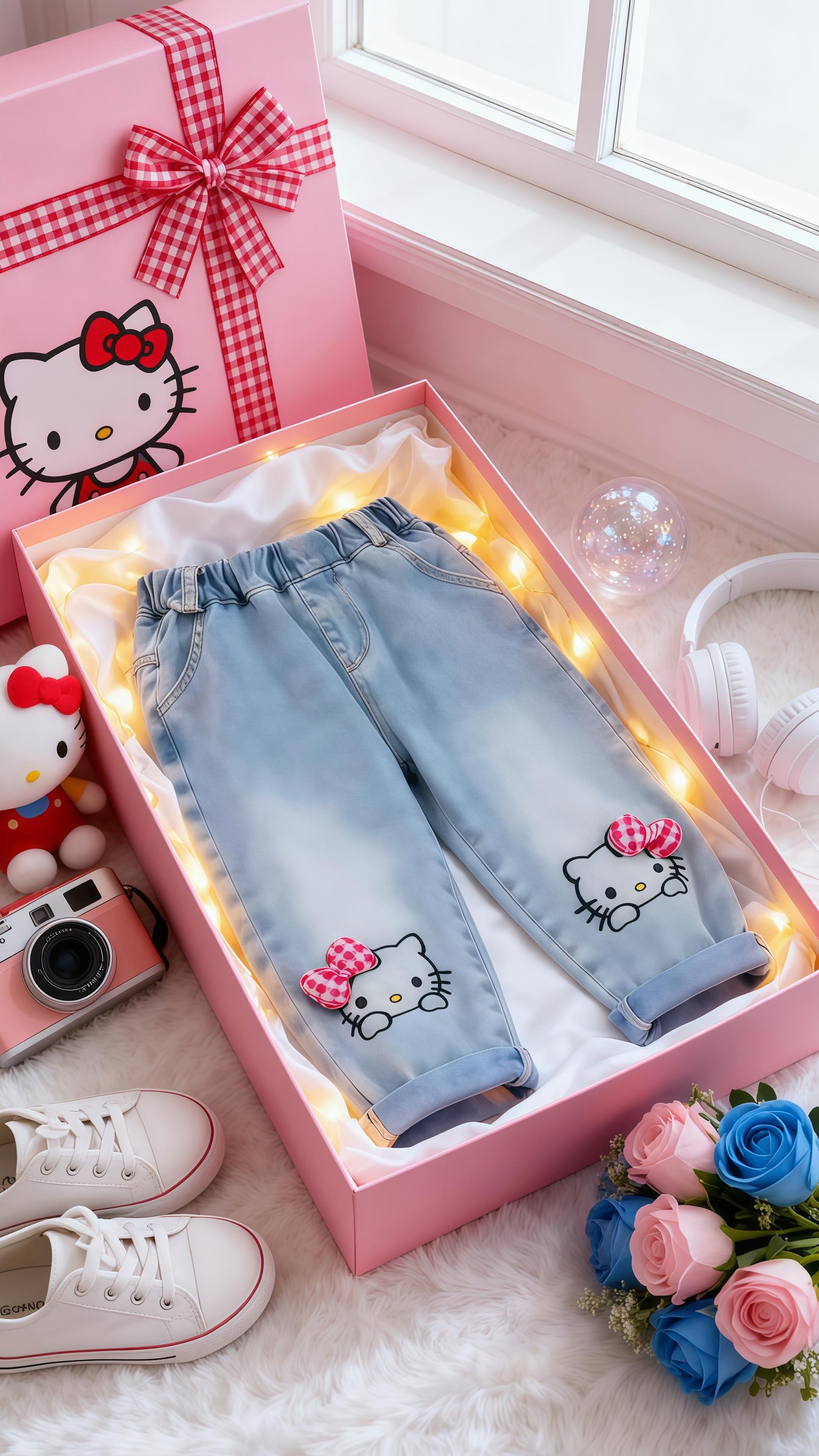 “拆开Hello Kitty牛仔裤礼盒时,女儿突然扑过来抱住我说‘妈妈,这是 Kitty 给我的公主裤吗’~ 看着裤腿上萌萌的 Kitty 脸,想起自己小时候也痴迷过同款卡通,现在把这份少女心传递给她,看她穿着蹦蹦跳跳的样子,才懂当妈后最甜的瞬间,就是和女儿共享这份粉色的童年梦💖 #便宜又好穿 #高品质童装 #HelloKitty女孩 #女童穿搭 #宝妈情感共鸣文案@抖加🔥上热门🔥dou+🔥热点宝