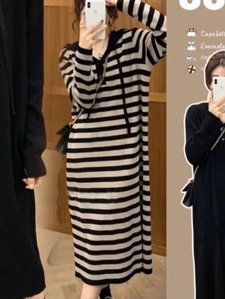 孕妇装法式慵懒风复古连帽连衣裙时尚宽松休闲条纹 #气质仙女裙穿搭 #只做高品质 #孕妇穿搭日常 #收腰显瘦 #甜美穿搭