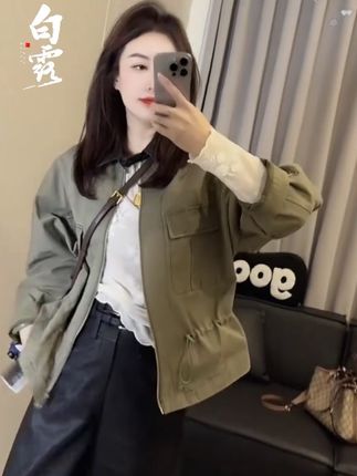 #萱贝纯复古收腰显瘦长袖短款夹克女2025秋季新款拼皮翻领工装外套