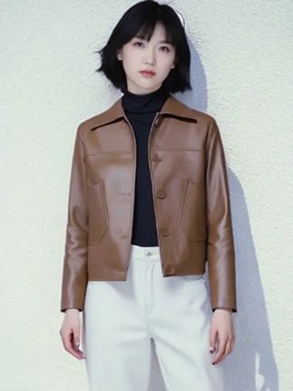 宽松皮衣外套 #利落翻领+经典排扣 #短款设计利落显高 #搭配高领内搭与白裤 #简约又时髦 #日常出街超吸睛。