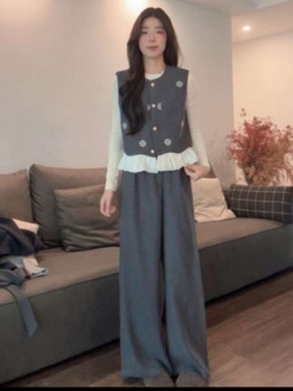#休闲女装 #Y168819-法式套装女士早秋新款气质绣花花边马甲衬衫阔腿裤三件套